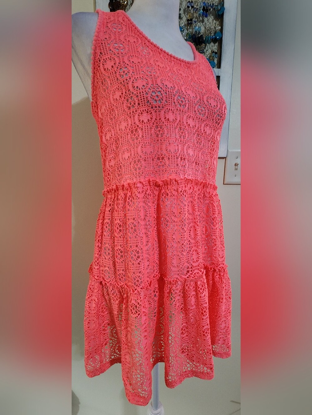 Pink Coral Crochet Racerback Swim Cover - Girls Size L (10/12)